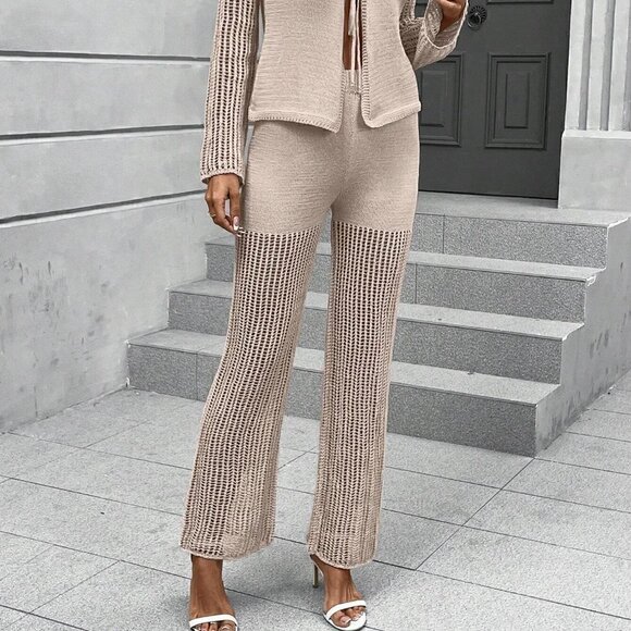 Apricot Casual Womens Solid Tie Front Cardigan & Knit Pants - Picture 3 of 5